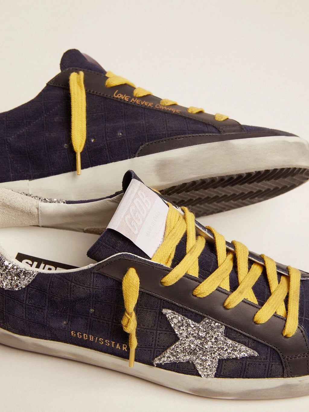 Super-Star sneakers in dark blue suede with checkered pattern and silver glitter details