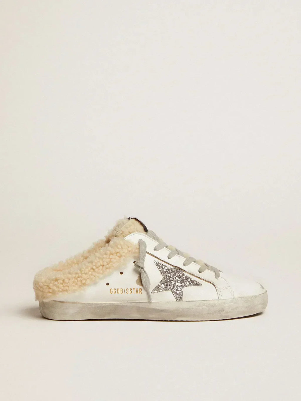 Super-Star Sabots in white leather with silver glitter star and shearling lining