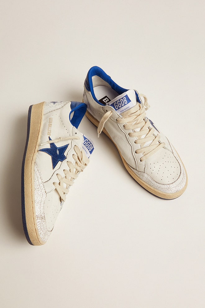 Women's Ball Star in white nappa with bright blue metallic leather star and heel tab