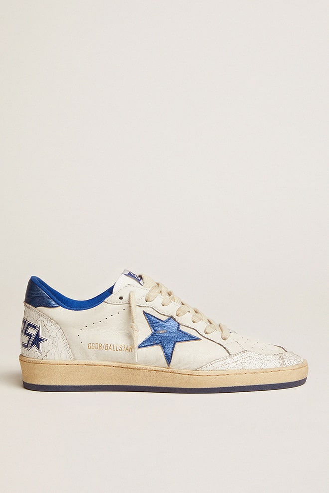 Women's Ball Star in white nappa with bright blue metallic leather star and heel tab
