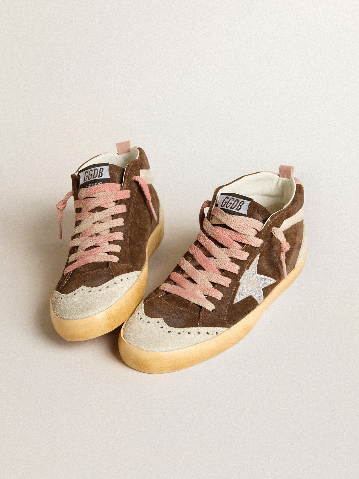 Mid Star LTD in brown suede with silver nappa leather star and cream flash