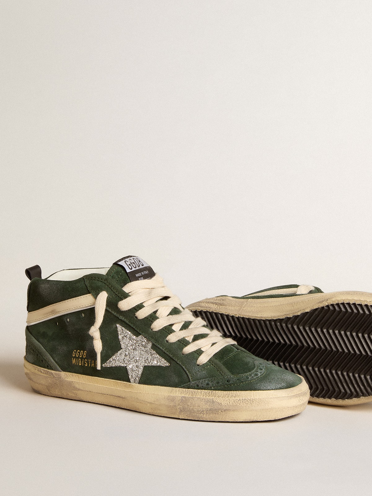 Mid Star in green suede with silver glitter star and leather flash