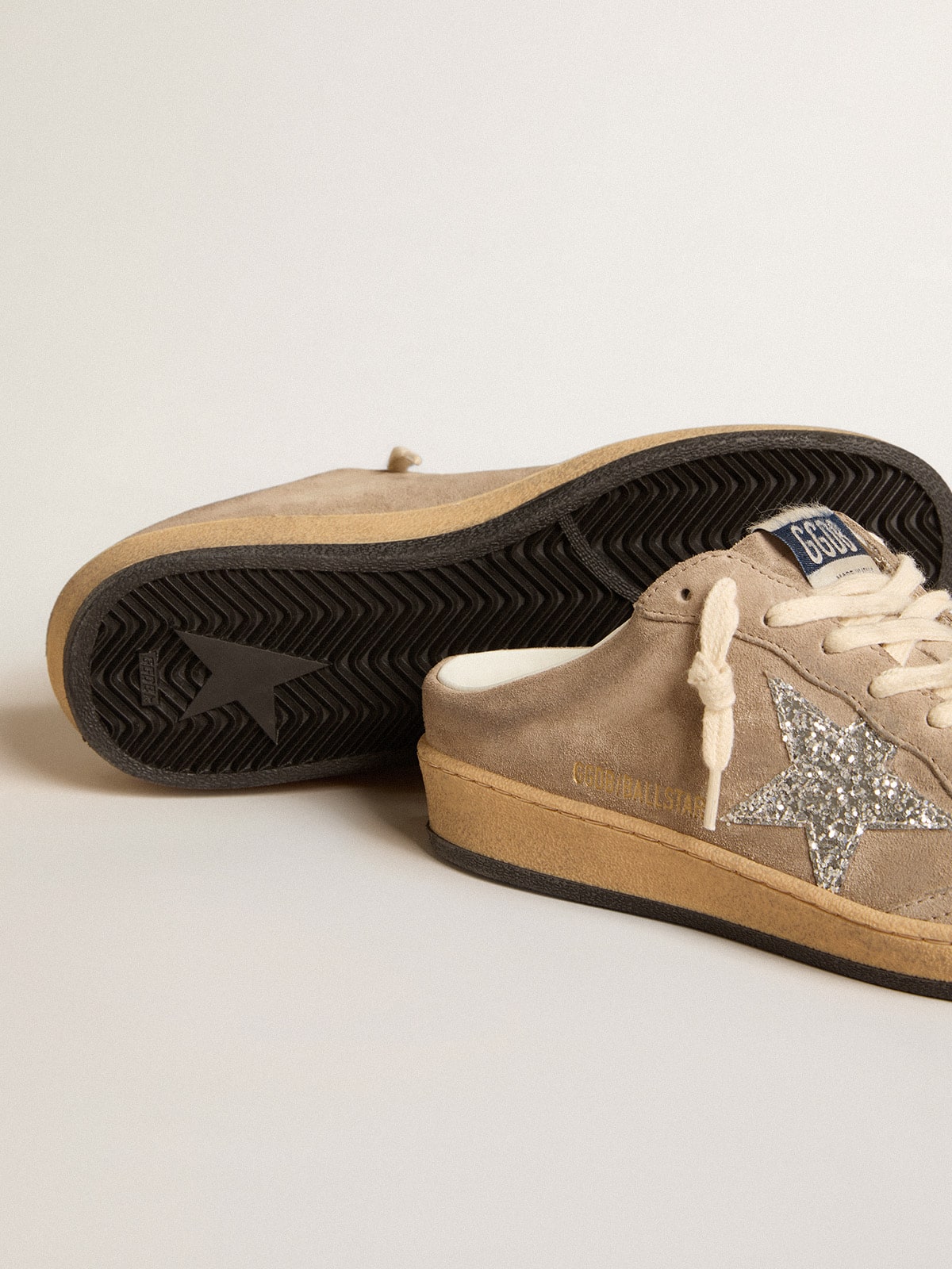Ball Star Sabots in dove-gray suede with silver glitter star
