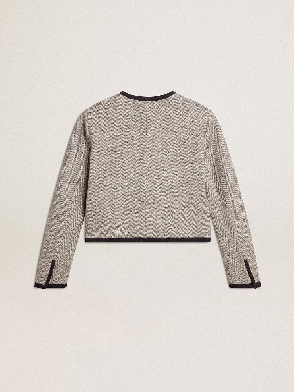 Women's grey wool and silk jacket with black suede trim