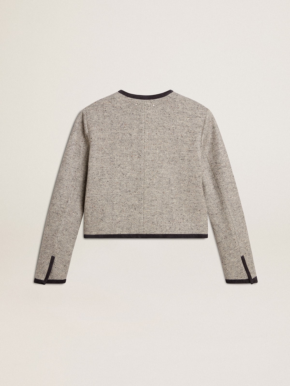 Women's grey wool and silk jacket with black suede trim