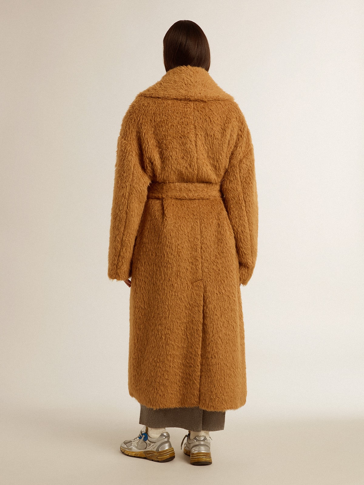 Women's coat with shawl collar in tobacco