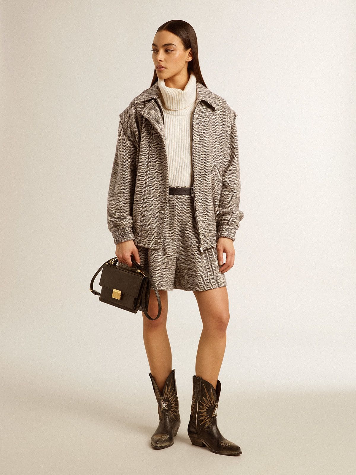 Women's bomber jacket in ecru brown herringbone wool