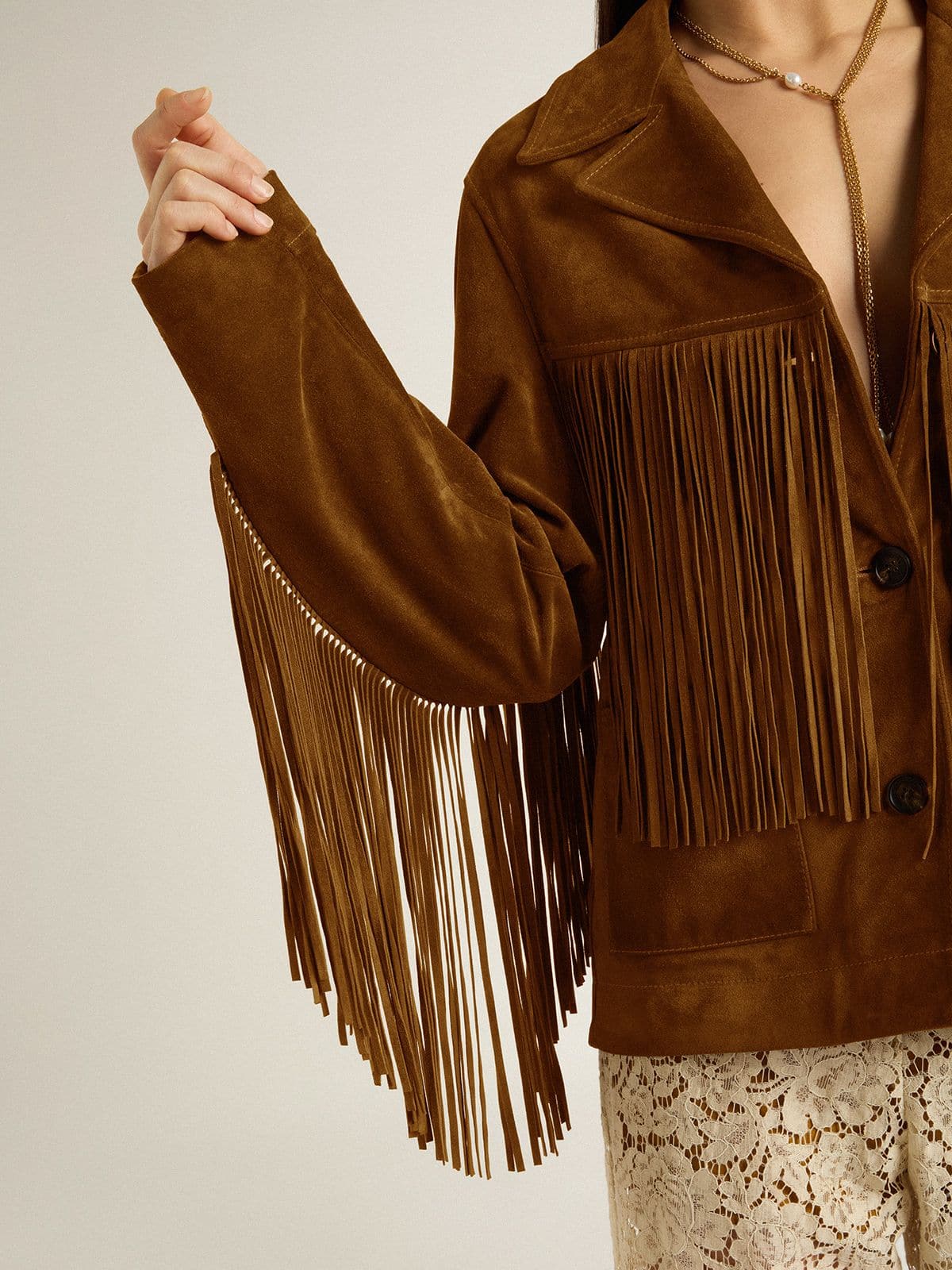 Women’s tobacco-colored suede jacket women with fringes